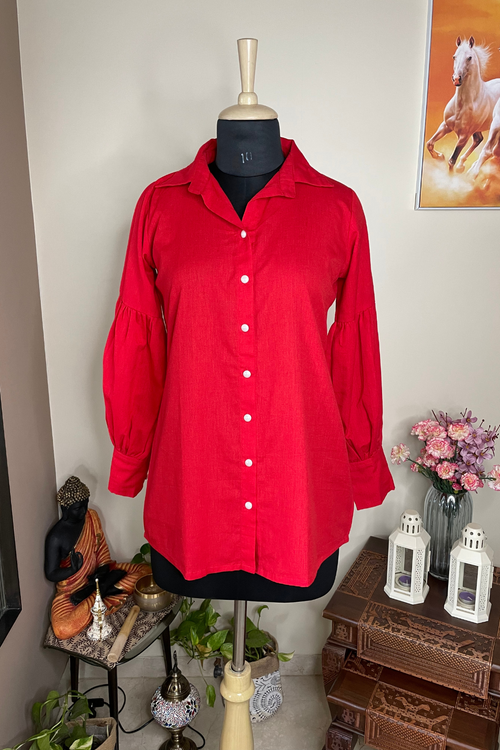 Crimson - Red Cotton Shirt With Puffed Sleeves