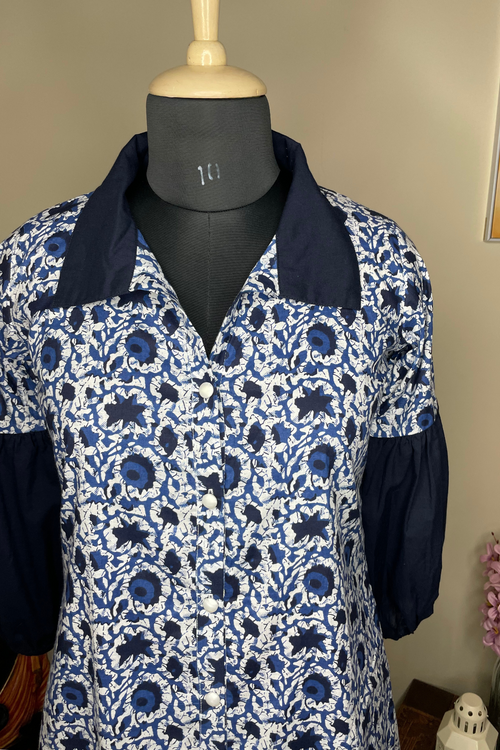 Joanna - Denim Blue Floral Printed Shirt Midi Dress