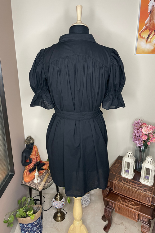 Jenna - Black Marie Sleeves Flared Shirt Dress with Oversized Collar