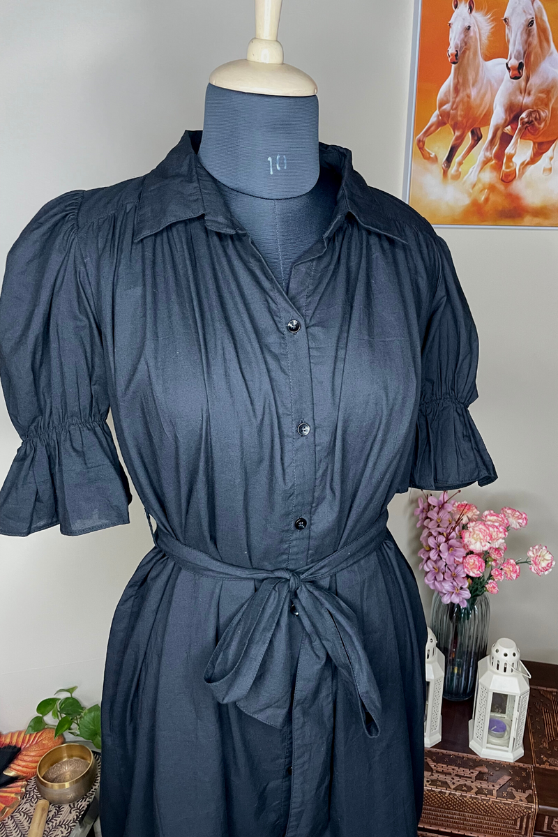 Jenna - Black Marie Sleeves Flared Shirt Dress with Oversized Collar