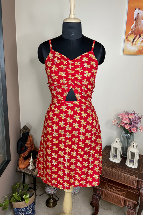 Amy - Red and Yellow Floral Skater Dress with Back Bow Tie Up