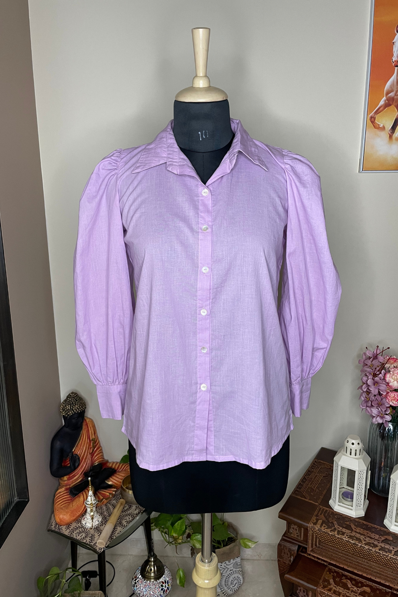 Lilac - Cotton Shirt with Puffed Sleeves