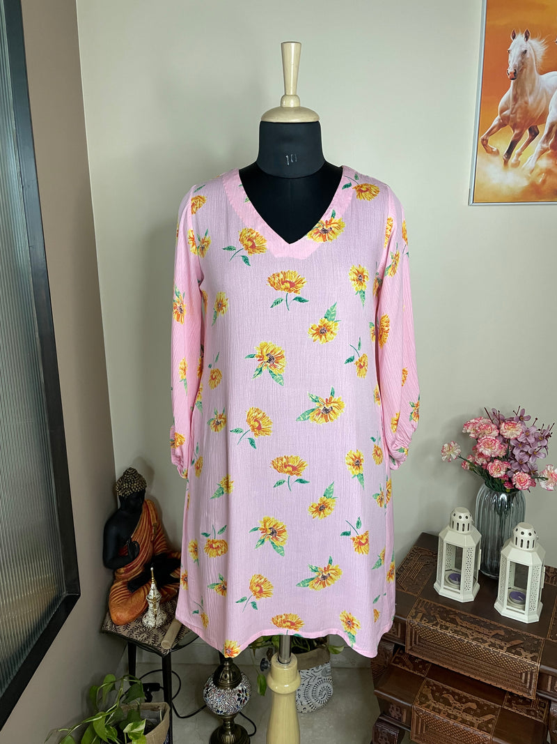 Isabel - Pink and Yellow Floral Puff Sleeves Mini Shift Dress