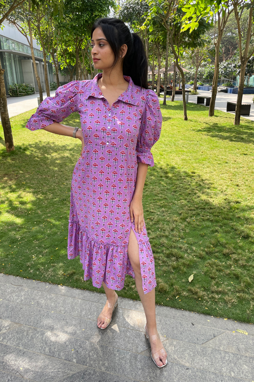 Rayna - Lavender Block Printed Midi Shirt Dress With Front Side Slit