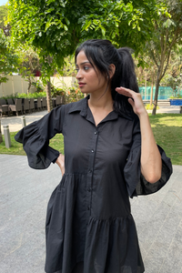 Natalia - Black Mini Shirt Dress With Layered Frilled