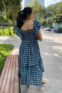 Alycia - Denim Blue and White Geometric Butterfly Sleeves Maxi Dress