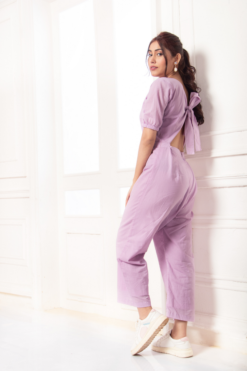 Lilac - Back Bow Tie Jumpsuit With Straight Pants