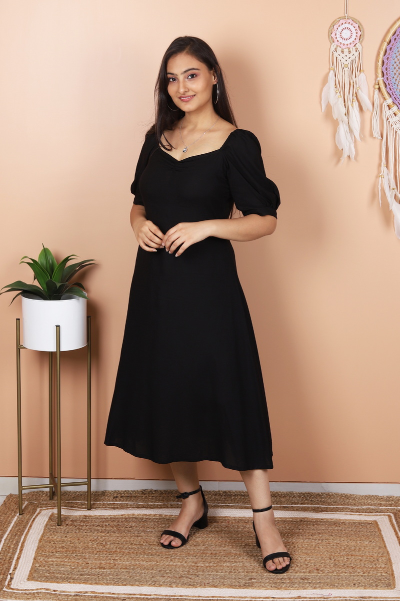 Ava - Black Midi A-line Dress