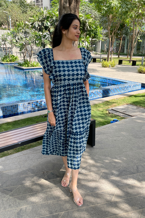 Alycia - Denim Blue and White Geometric Butterfly Sleeves Maxi Dress