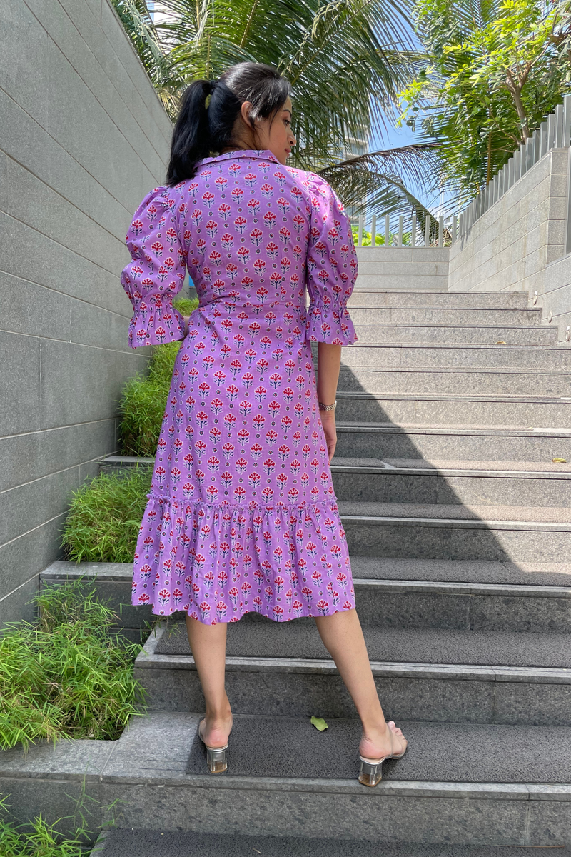 Rayna - Lavender Block Printed Midi Shirt Dress With Front Side Slit