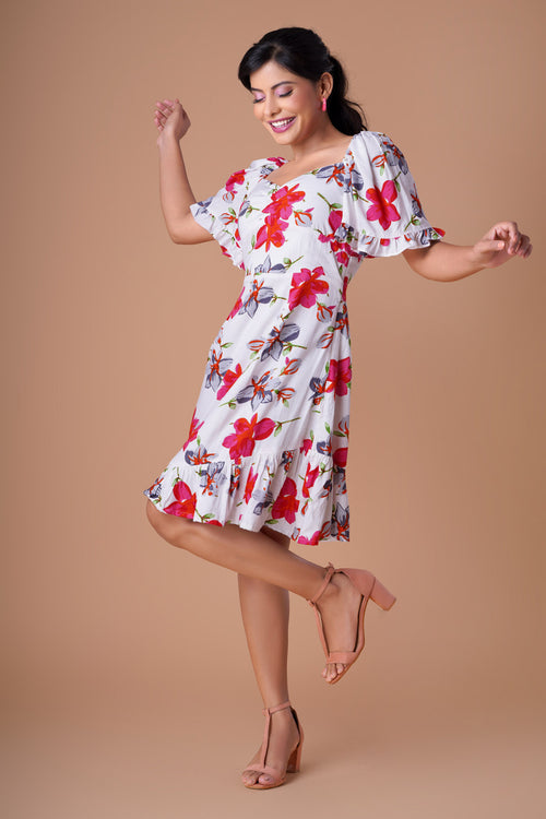 Amelia - White And Red Floral Short Dress