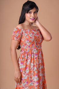 Faith - Orange Floral Wrap Skirt Off Shoulder Mini Dress