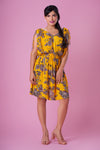 Blair - Yellow Floral Skater Dress With Drawstring Sleeves