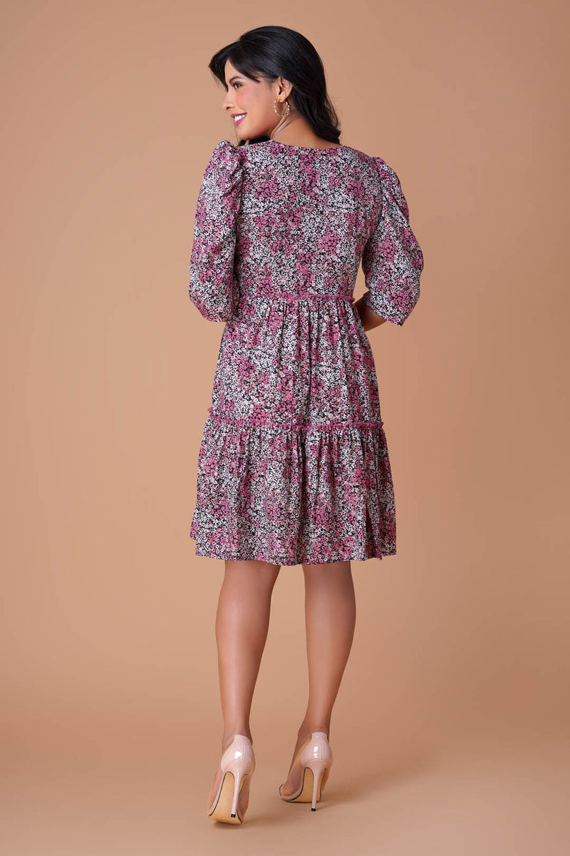 June - Pink Tiny Floral Tiered Dress