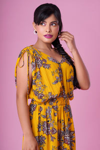 Blair - Yellow Floral Skater Dress With Drawstring Sleeves