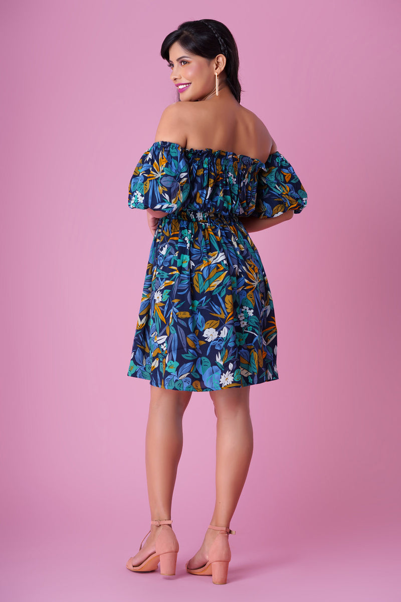 Bonnie - Blue Floral Off Shoulder Dress