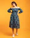 Margot - Indigo Blue Leaf Print Off Shoulder Dress