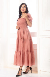 Delilah - Sand Pink Smocked Yoke Maxi Flared Dress