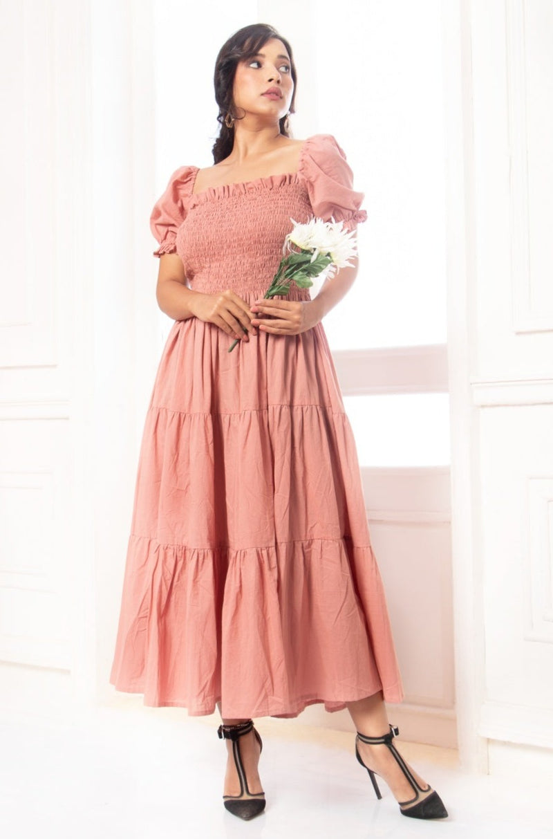 Delilah - Sand Pink Smocked Yoke Maxi Flared Dress