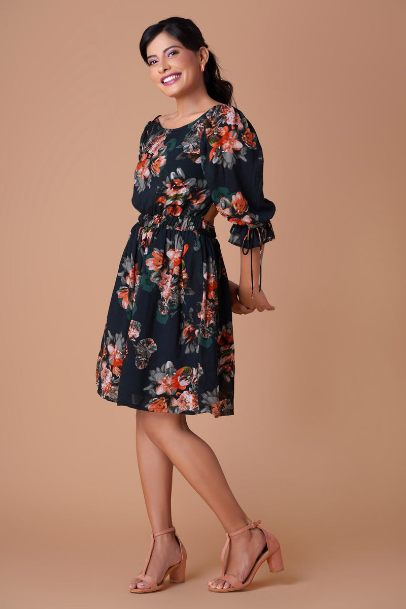 Ditsy Floral Tie Side Split Midi Dress - Women's Square Neck Silt Dresses -  Beige - Dresses | RIHOAS